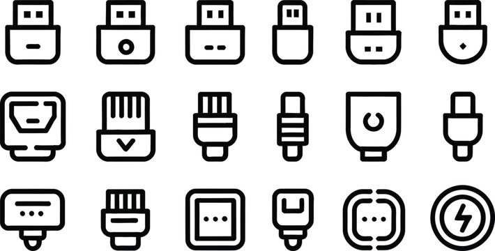 Electronic connector silhouettes illustration, USB HDMI Lightning Ethernet plugs ports vector art, technology design