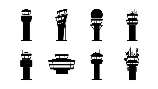 Air Traffic Control Tower Icons, Airport Navigation Buildings, Aviation Control Structures, Flight Management Silhouettes