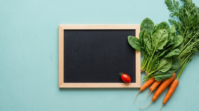 Blank chalkboard with fresh vegetables on blue background, empty blackboard menu mockup for healthy food recipes, organic carrots and spinach flat lay