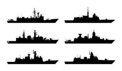 Modern Warships Silhouettes Set, Naval Fleet Vector Icons, Military Vessels Collection, Marine Combat Ships © Niloy