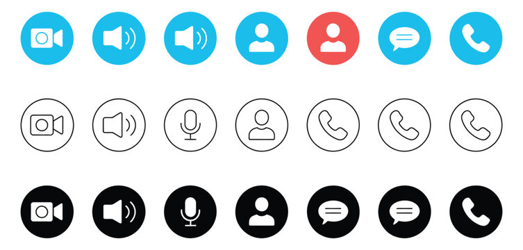 Video call buttons set, internet conversation icons with video communication elements and digital interface vector design