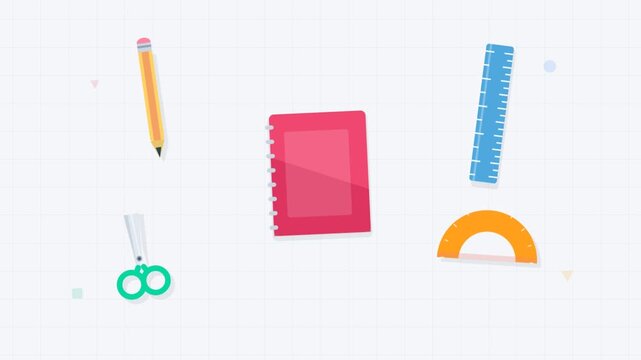 Animated video of pencils notebooks and rulers on desk for learning.