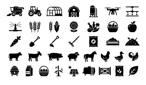 Modern Farming Agriculture Black Glyph Icon Collection with Crops Livestock and Eco Farm Symbols