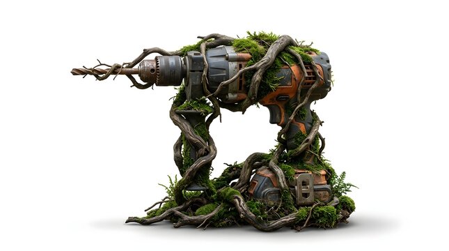 Electric yard drill overgrown with thick knotty tree roots and green moss representing perfectly imperfect blend of industrial hardware and nature reclaiming ecology