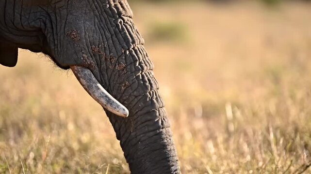 A mature African elephant walks across the arid golden savanna plains while showcasing its wrinkled gray skin and a solitary ivory tusk during a sunny afternoon trek through the wild environment