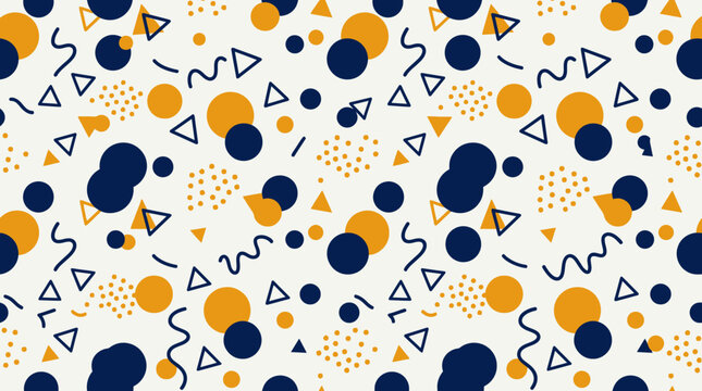 Abstract memphis pattern with geometric circles triangles and wavy lines in orange and blue.