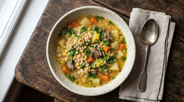 Scotch Broth Soup with Barley in Bowl on Wooden Table