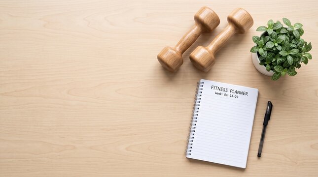 Fitness planner notebook with wooden dumbbells on desk, workout schedule and exercise tracking journal, healthy lifestyle flat lay with copy space
