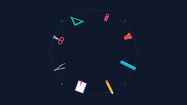 Dynamic circular arrangement of stationery items in motion video.