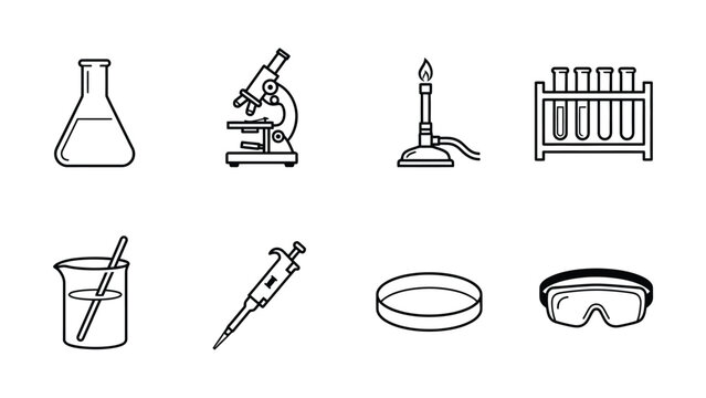 Line icons of essential laboratory equipment and safety gear collection