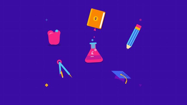 Dynamic science items float in vibrant purple studio.