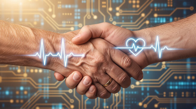 Healthcare Digital Pulse Handshake with AI Medical Technology and Smart Innovation Network Concept