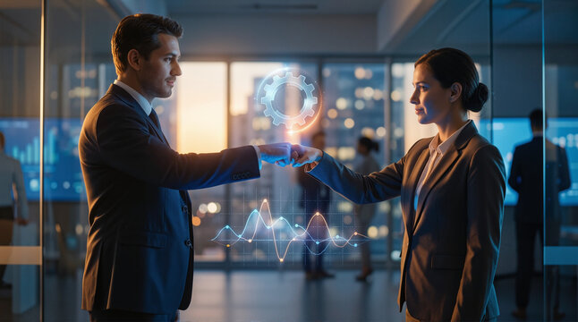 Business Professionals Handshake with Holographic AI Interface in Modern Corporate Office Environment