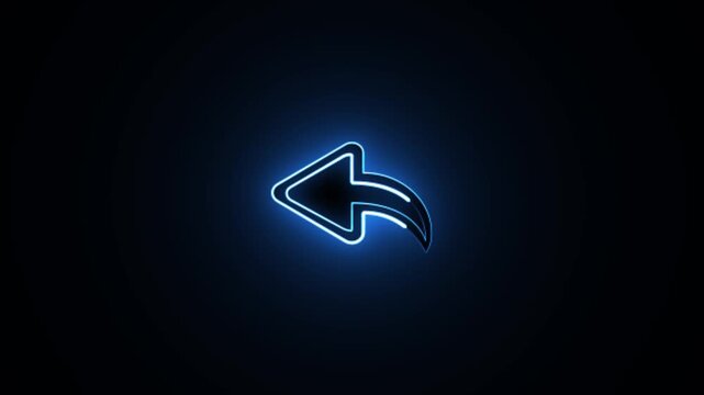 Neon blue back arrow icon blinking on dark background for digital interface and navigation design concepts