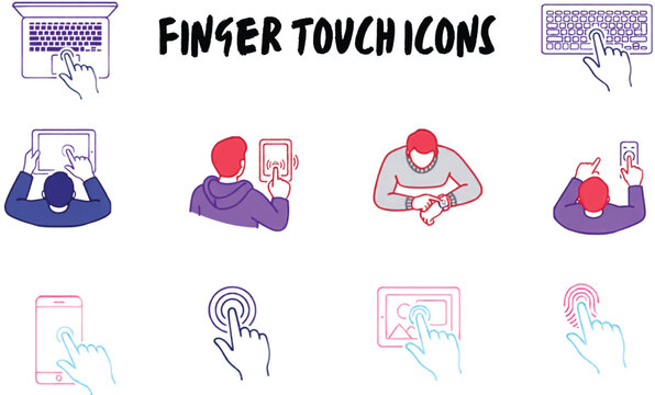 People using touch gestures on smartphones tablets laptops keyboards and wearable devices in a user interaction icon set vector illustration