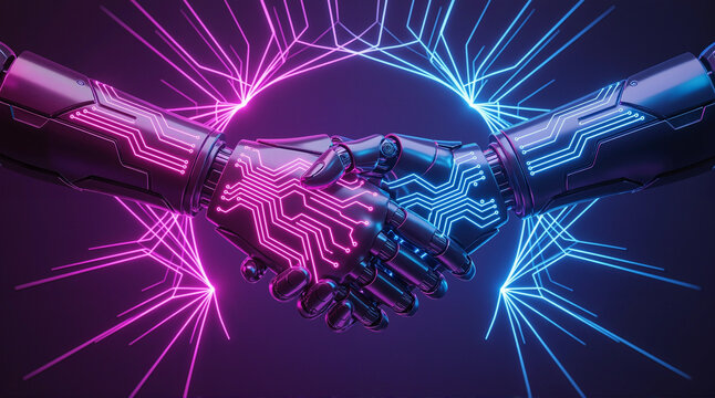 Neon digital pulse handshake symbolizing artificial intelligence partnership cybersecurity and futuristic innovation
