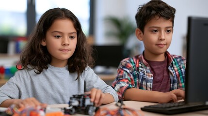 Obraz premium Children engage in focused study and learning computer science with a small educational robot