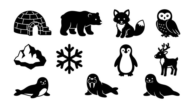 Animals and Arctic Symbols Illustrated in Black Silhouettes Featuring Illustration, Vector, Design with Bear and Fox Elements
