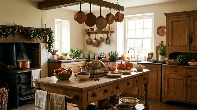 Rustic farmhouse kitchen thanksgiving feast preparation with copper pots autumn decor