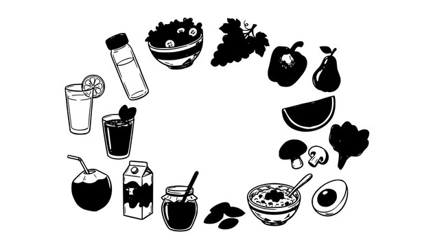 Healthy organic food and drink frame vector circle composition with fruits vegetables salad juice and breakfast icons isolated on white background with copy space