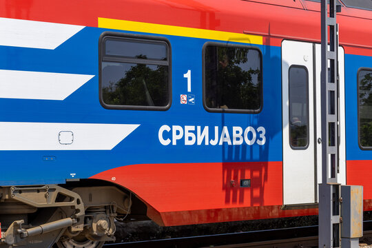 detail of a passenger railway coach operated by Srbijavoz at the railway station in Valjevo, Serbia.