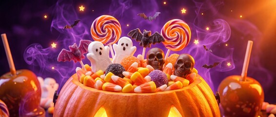 Obraz premium Halloween pumpkin bucket filled with assorted candy and spooky treats