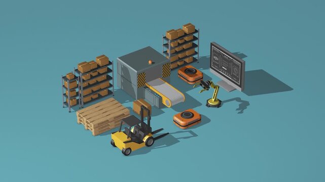 Isometric 3d illustration of a modern automated warehouse logistics center with conveyor belt, robotic arm, forklift, shelves with boxes and transport robot