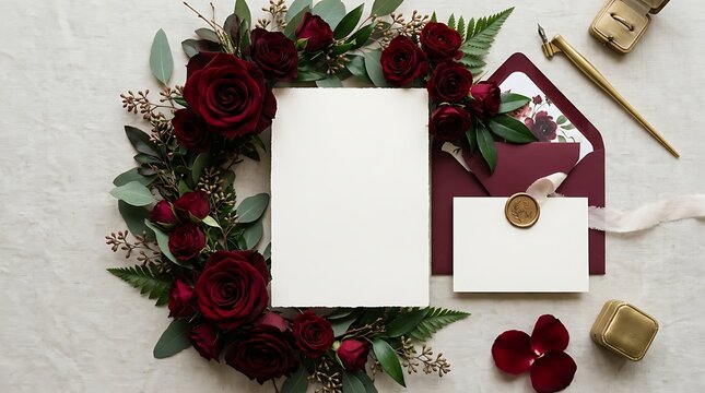 Elegant wedding stationery mockup with deep red roses and gold accessories on white surface.