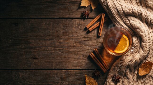 Flat lay of warm tea with cinnamon and cozy knit sweater on wooden table