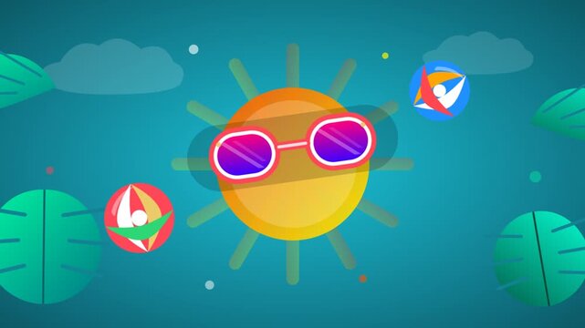 Playful cartoon sun wearing sunglasses over a bright ocean scene for kids video.