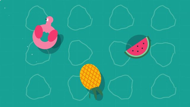 Relaxing summer vibe with floating flamingo, watermelon, and pineapple on blue water
