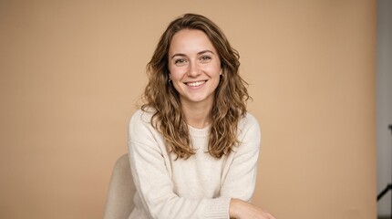 Obraz premium Portrait of a happy young woman with wavy hair wearing a cozy white sweater, smiling and looking at the camera against a neutral beige background.