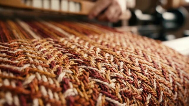 Textured woven fabric close-up showcasing intricate patterns and warm colors