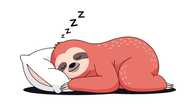 Adorable pink sloth sleeping peacefully on a white pillow with zzz symbols floating above it, representing laziness and rest.