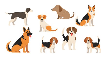 Obraz premium Diverse collection of various cartoon dog breeds such as German Shepherd and Beagle in sitting and standing poses.
