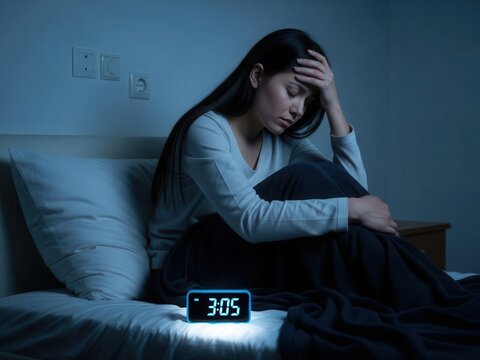 Woman lying awake at night with insomnia sitting on bed