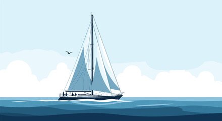 Fototapeta premium Large sailboat with white sails gliding through calm ocean waters under a clear blue sky with soft white clouds.