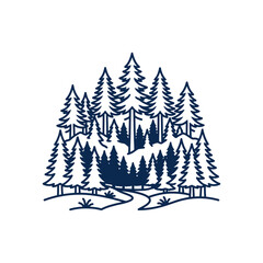 Fototapeta premium Blue line art illustration of woods and path.
