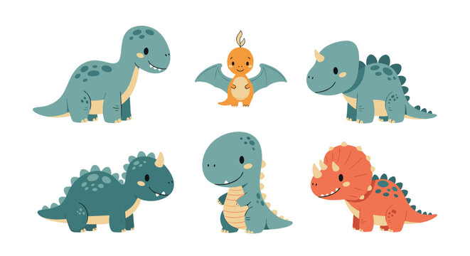 Collection of cute colorful baby dinosaurs including triceratops brontosaurus and pterodactyl characters for kids education and play.