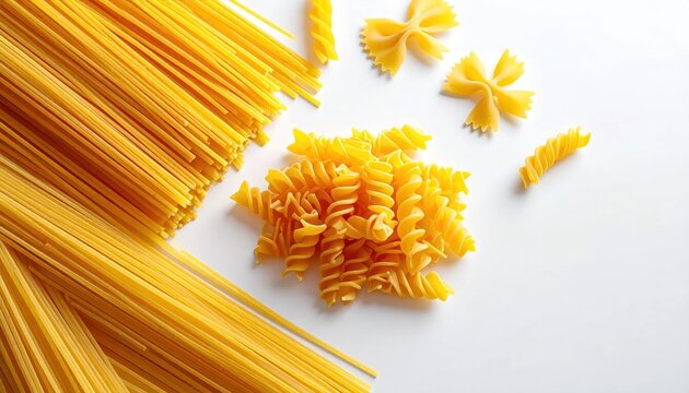 Variety of Italian pasta on white.