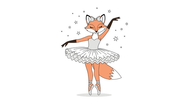Graceful fox character dressed as a ballerina in a white tutu and pointe shoes dancing beautifully under shining stars.