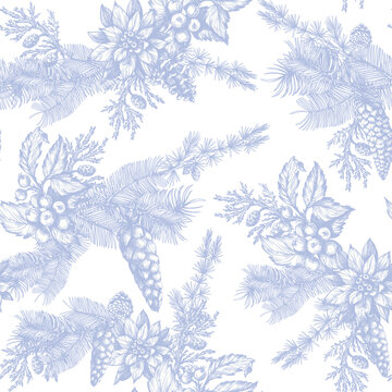 Christmas Pine Toile Seamless Pattern with Vintage Cones Branches Botanical Winter Holiday Design