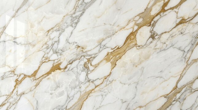 Ultra realistic premium Italian Calacatta Gold marble slab, pure white base with subtle warm ivory undertones, expansive clean white background, long flowing diagonal champagne gold veins, soft beige 