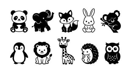 Fototapeta premium Animals Illustrated in Black and White with Simple, Cute Designs Featuring Illustration, Design, Vector with Cartoon and Panda