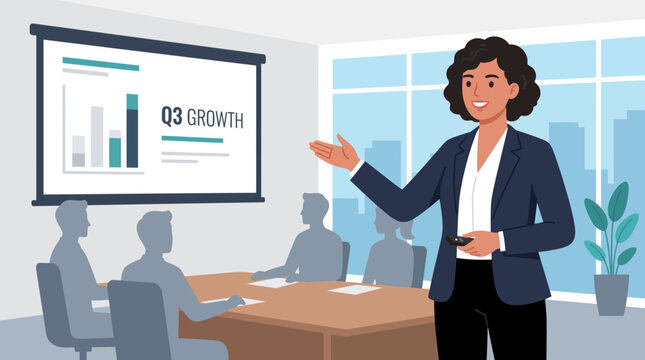 Presenter standing before a group of colleagues to display a growth chart on a projector screen within a modern corporate boardroom.