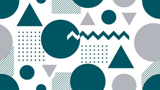 Geometric seamless pattern with teal circles triangles and squares on white background set.
