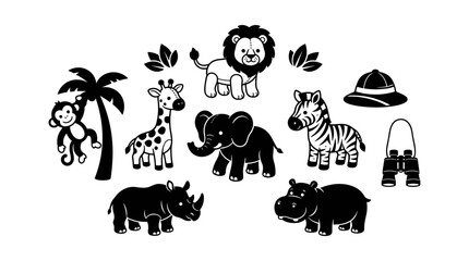 Animals on Safari with Explorer Gear in Black and White Illustration Featuring Lion, Zebra, Elephant with Giraffe and Rhino © Firoz