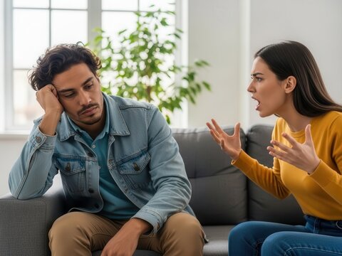 Couple having a heated argument on the couch at home together