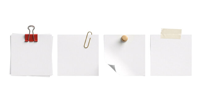 Collection of white sticky notes isolated on transparent background.