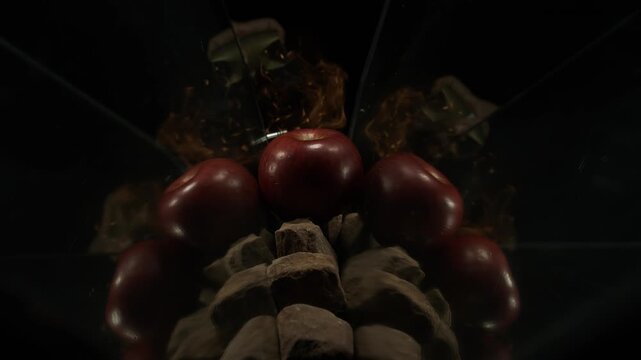 Fire flows from behind and instantly wraps around a red apple in 1000fps slow motion. All visual effects combine to create a cinematic envelope of heat and mirrored reflections. Concept: ultimate wrap
